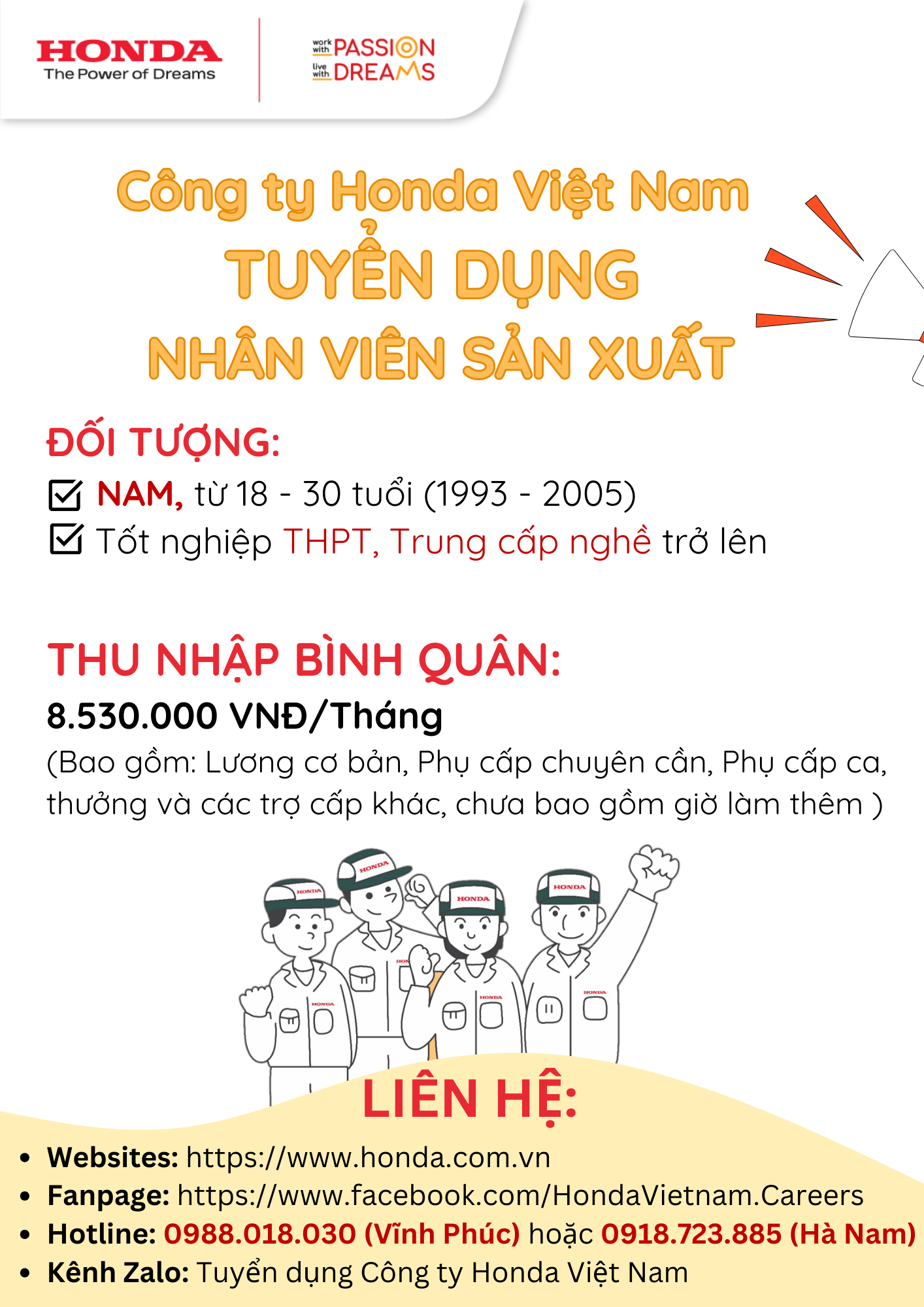 Công ty HonDa Việt Nam tuyển dụng nhân viên sản xuất